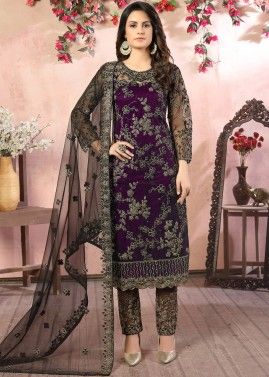 Purple Net Embroidered Straight Cut Pant Salwar Suit