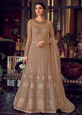 Abaya Style Embroidered Net Kameez In Beige