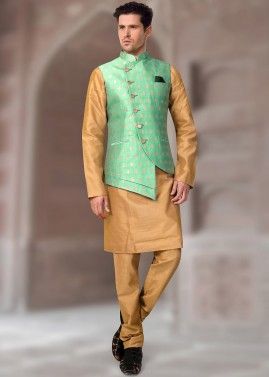 Green Brocade Readymade Asymmetric Nehru Jacket