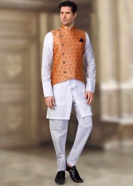 Readymade Orange Asymmetric Brocade Nehru Jacket 