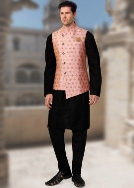 Pink Brocade Readymade Asymmetric Nehru Jacket
