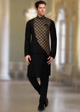 Black Art Silk Printed Readymade Nehru Jacket