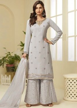 Grey Pakistani Sharara Suit with Dupatta