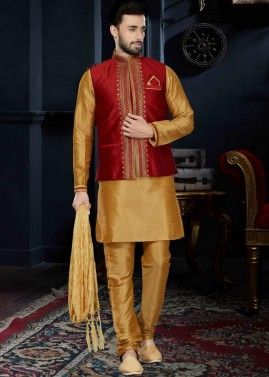 Readymade Golden Art Silk Kurta Set With Nehru Jacket