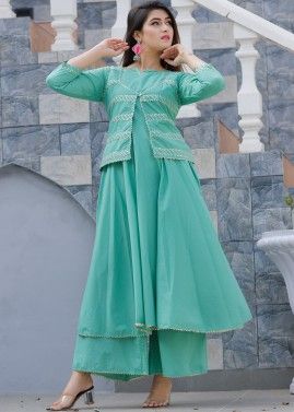 Turquoise Flared Kurta Set With Gota Patti Work Jacket