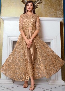 Golden Embroidered Front Slit Suit With Dupatta