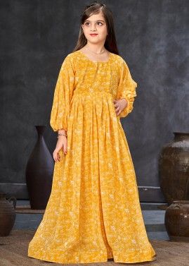 Yellow Floral Printed Kids Georgette Gown