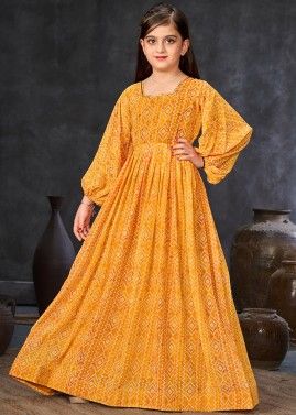 Yellow Printed Kids Readymade Georgette Gown