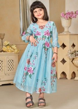 Blue Floral Printed Kids Dress