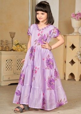 Purple Floral Printed Kids Dress
