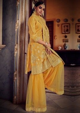 Crop top style yellow georgette sharara suit with cape - G3-WSS39215 |  G3fashion.com