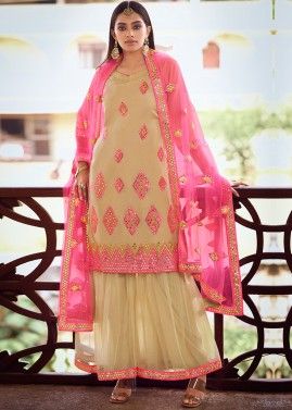Beige Mirror Embroidered Sharara Suit Set In Net