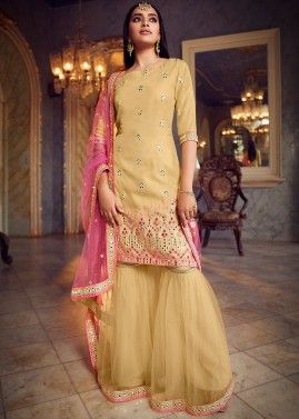 Yellow Sharara Suit Set With Mirror Embroidery
