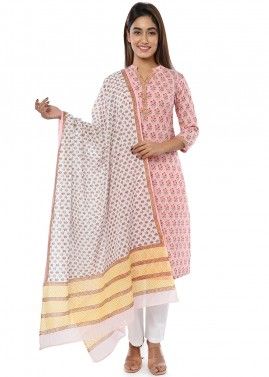 Pink Floral Block Printed Readymade Pant Salwar Suit