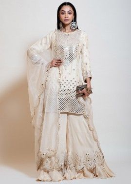 Cream Readymade Mirror Embellished Sharara Suit