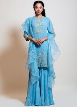 Blue Readymade Sharara Suit With Ruffled Dupatta