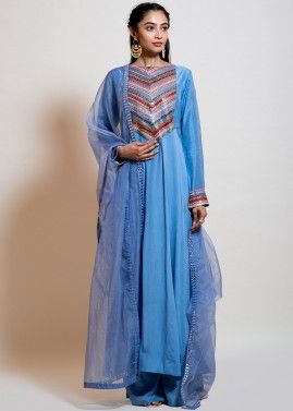 Blue Readymade Mirror Embellished Flared Palazzo Suit