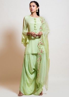 Green Readymade Bell Sleeved Dhoti Style Salwar Suit