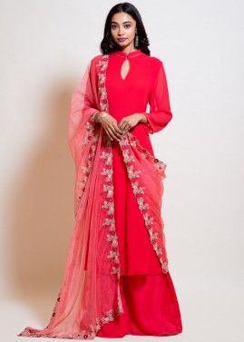 Readymade Red Palazzo Suit With Embroidered Dupatta