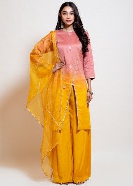 Readymade Peach and Yellow Shaded Asymmetric Palazzo Suit