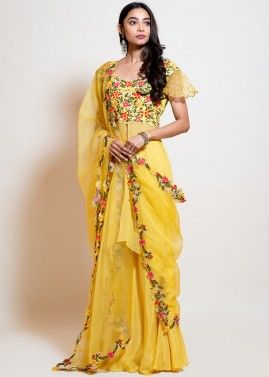 Yellow Embroidered Readymade Front Slit Palazzo Suit