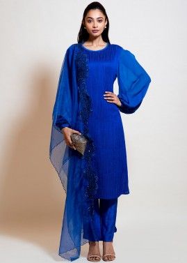 Blue Embroidered Readymade Puff Sleeved Pant Salwar Suit
