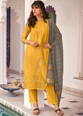 Yellow Readymade Silk Pant Style Salwar Kameez