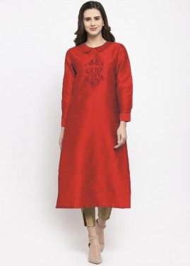 Red Embroidered Dupion Silk Kurta With Pant