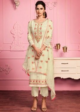 Thread Embroidered Cream Georgette Pant Suit