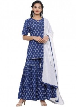 Readymade Blue Printed Sharara Suit In Cotton