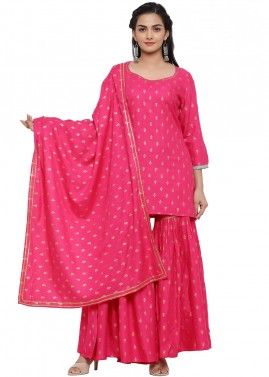 Pink Printed Readymade Sharara Suit In Viscose