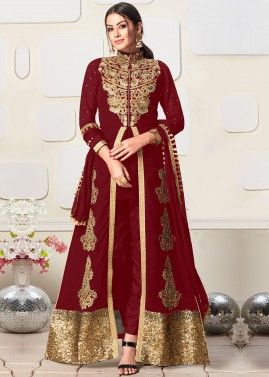 Maroon Zari Embroidered Pant Style Salwar Suit