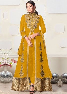 Yellow Embroidered Slitted Georgette Salwar Kameez