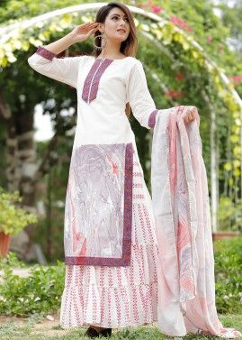 White Cotton Readymade Suit With Printed Sharara