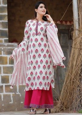 Block Printed Readymade White Suit With Palazzo