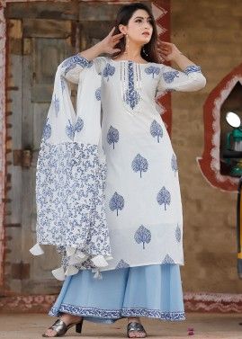 White Readymade Printed Palazzo Suit In Cotton