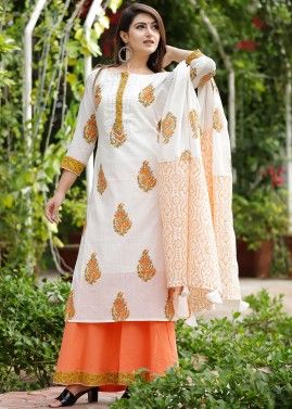 Printed White Readymade Suit With Cotton Palazzo