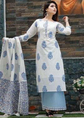 White Readymade Printed Suit With Palazzo