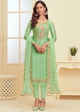 Green Embroidered Pant Salwar Suit With Dupatta
