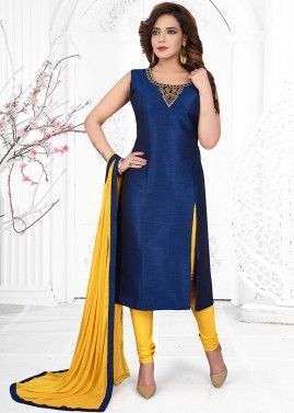Navy Blue Art Silk Readymade Slit Style Salwar Suit