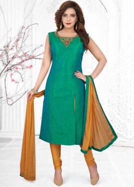 Readymade Green Art Silk Slit Style Salwar Kameez