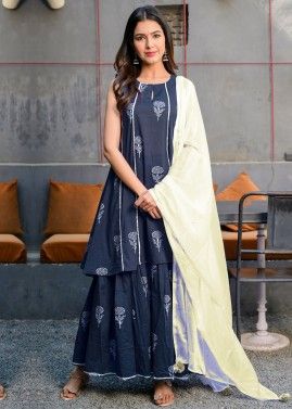 Blue Floral Readymade Gharara Set In Cotton