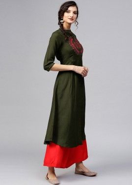 Green Embroidered Front Slit Kurta With Palazzo