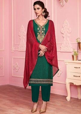 Green Embroidered Pant Style Suit In Georgette