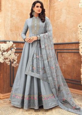 Embroidered Grey Anarkali Suit With Heavy Border