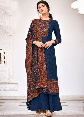 Navy Blue Embroidered Palazzo Suit With Dupatta