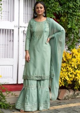 Green Readymade Sharara Suit With Stone Work