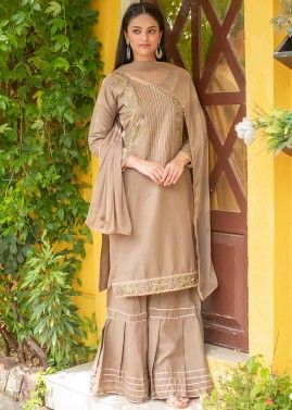 Stone & Thread Embroidered Readymade Suit With Sharara