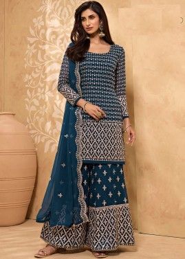 Blue Applique Embroidered Sharara Style Suit