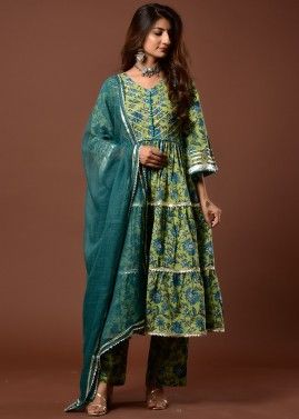 Readymade Green Floral Anarkali Cotton Salwar Suit